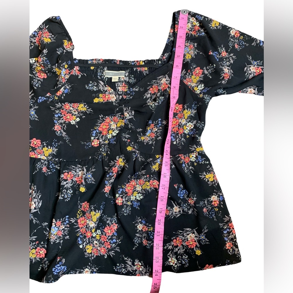 Pleione Size Medium Womens Blouse Black Floral Smocked Long Sleeve Baby Doll Top - Picture 7 of 8